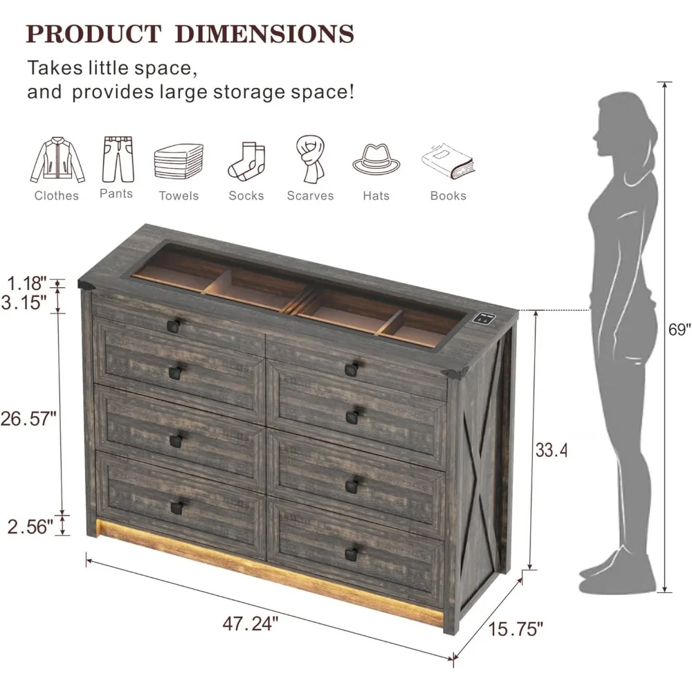 8 Drawers Dresser with LED Light & Charging Station, Dressers Organizer with Human Sensor,for Closet, Living Room, Wood Dresser