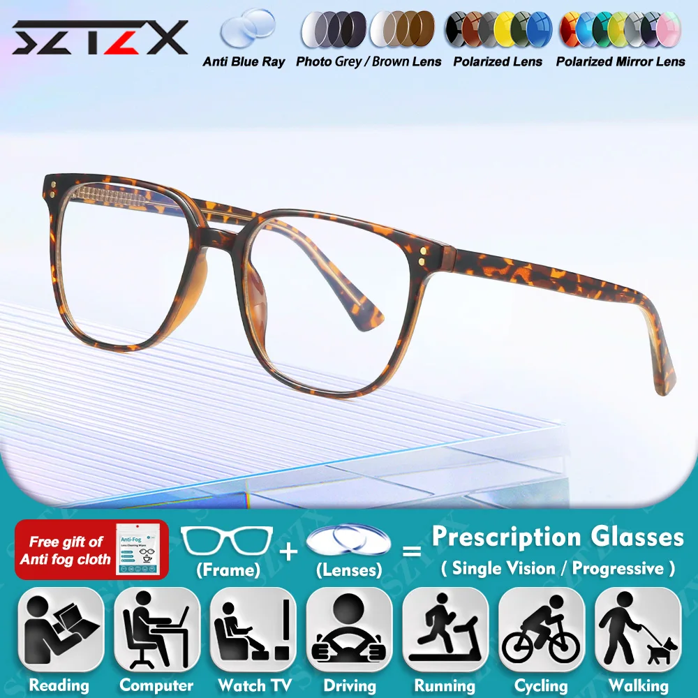 

SZTZX Business Women Square Myopia Glasses Blue Light Blocking Photochromic Progressive Computer Eyeware with Prescription Lens