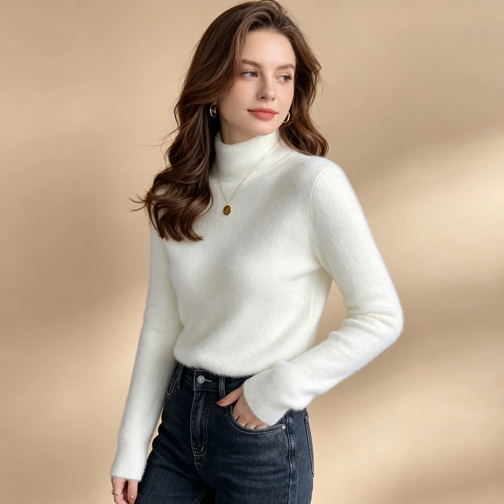 2026 Winter Thick Warm Fleece-lined Women Turtleneck Knit Pullover Ribbed Slim Fit Long Sleeve Soft Thermal Sweater Tops