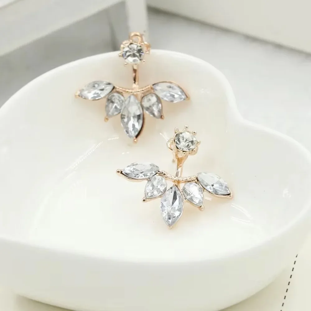 FSUNION New Zircon Crystal Ear Cuff Clip Leaf Stud Earrings For Women Piercing Fine Jewelry Brincos Gift 2024