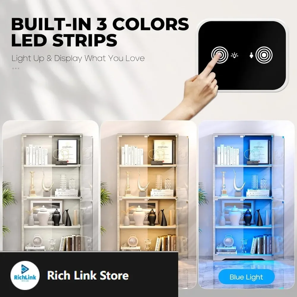 

Display Cabinet with Glass Doors, 4-Tier Curio Cabinet with 3 Color Lights for Collectibles, Glass Display Case with Human Body