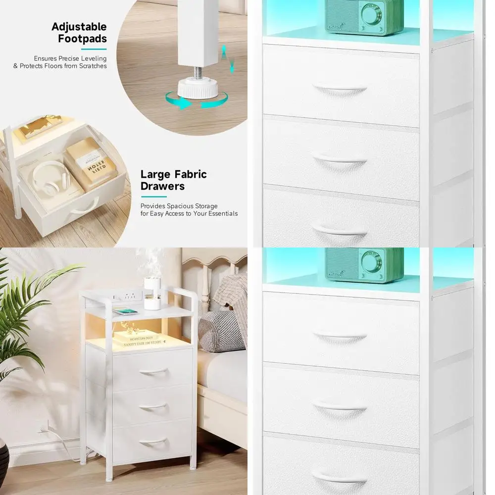 

Прикроватная тумбочка со светодиодной подсветкой, зарядной станцией, USB-портами, розетками переменного тока и хранилищем с 3 ящиками, белая