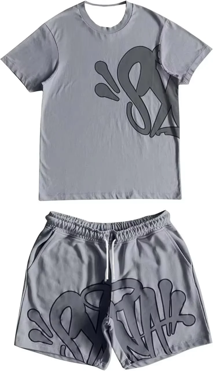 2026 Summer New Style Unisex Abstract Graffiti Graphic 2 Piece Tracksuit Black Tee and Elastic Waist Shorts for Kids Streetwear view 4