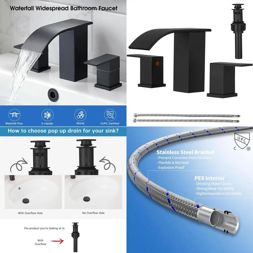 

Matte Black 8 Widespread Bathroom Sink Faucet with 3-Hole Pop-Up Drain & Stainless Steel Waterfall Spout