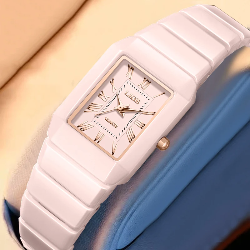 

LIGE 2026 New Luxury Pink Quartz Watches For Women Simple Elegant Women's Bracelet Watch Square Stainless Steel Waterproof Watch