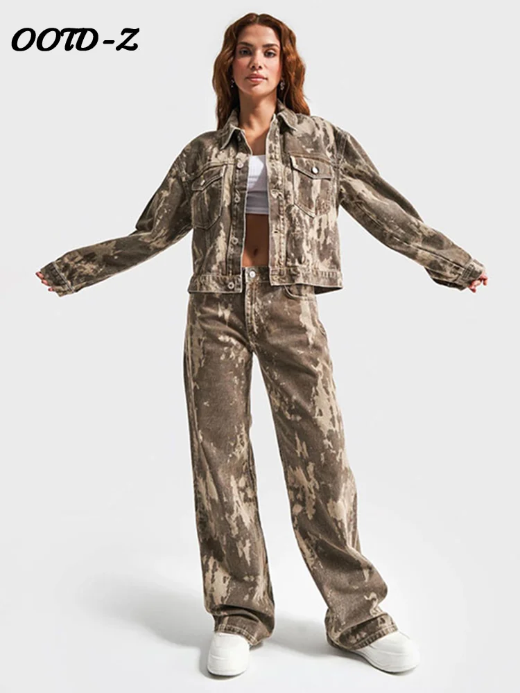 

Джинсовый комплект с вощеным принтом, женский однобортный короткий жакет с отложным воротником, свободные джинсы на молнии, женский уличный костюм 2025 с высокой талией