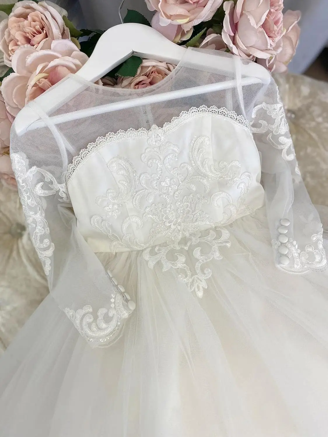 레이스 자수가 있는 플라워 걸 드레스 투명한 긴 소매, 웨딩 주니어 신부 들러리 드레스, 어린이 특별 행사 가운