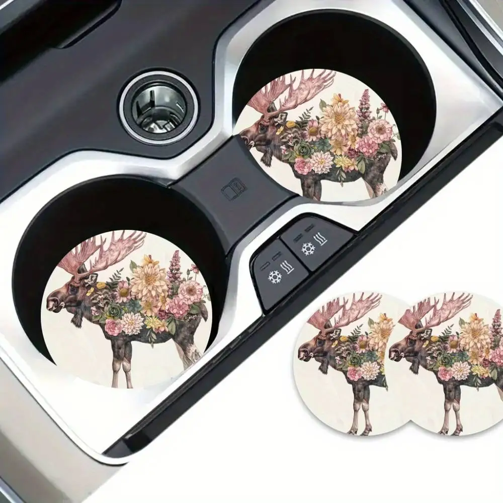 Giraffe And Floral EVA Car Coasters Set Of 2 2.75 Inches Durable Vehicle & Home Use Unique Gift