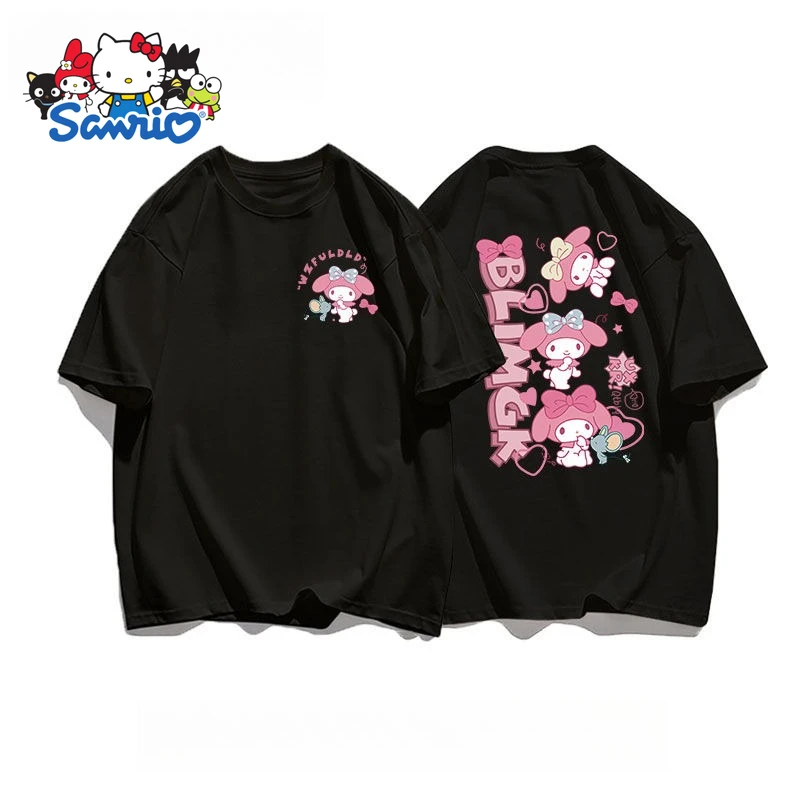 سانريو بلدي ميلودي الوجهين تي شيرت مطبوع الصيف القطن المرأة حجم كبير تي شيرت Y2K ريترو فضفاض عادية قصيرة الأكمام