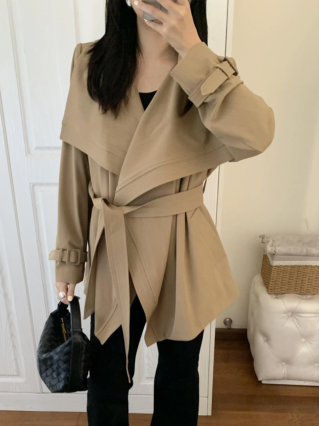 

Kaki Color Spring Autumn Winter Women's Short Coat Jacket Korean Style Shoulder Lengthened Vintage Polyester Fiber Coat