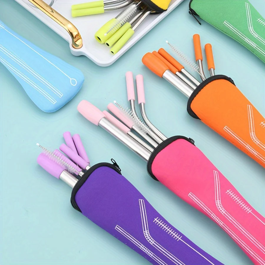 stainless steel straw set Coffee milk tea juice straw Straight pipe elbow pipe with cleaning brush and storage bag