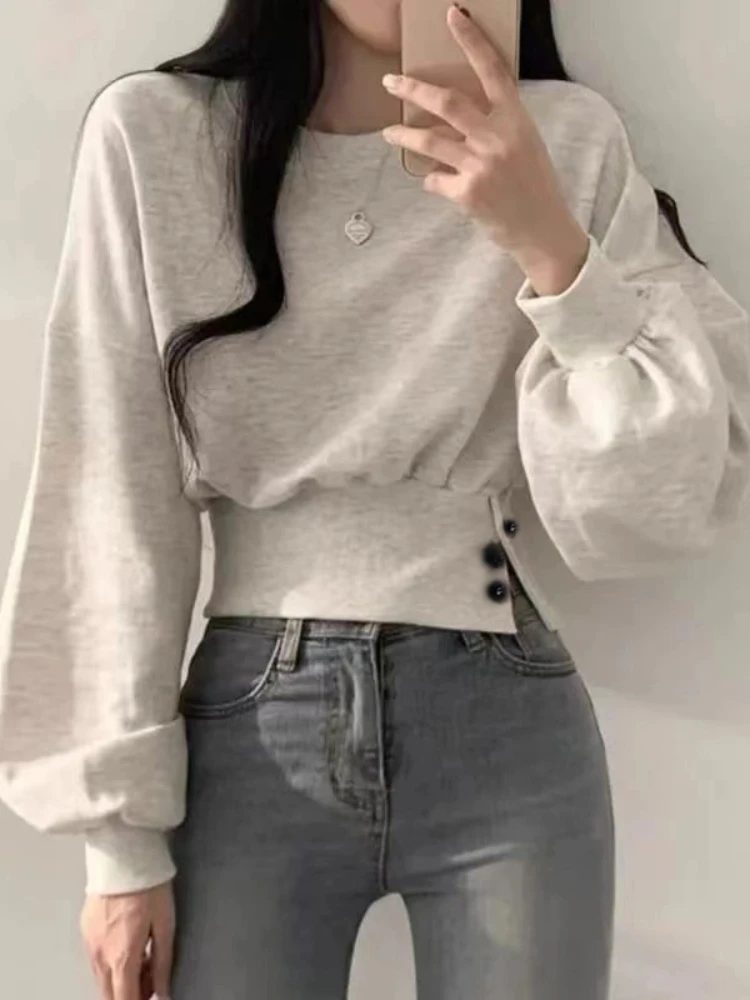 Autumn Women Solid O-Neck Slim Crop Top Lantern Sleeve With Button  Sweat Casual Hip-Hop Sporty Pullover Sweet Chic Street Wear
