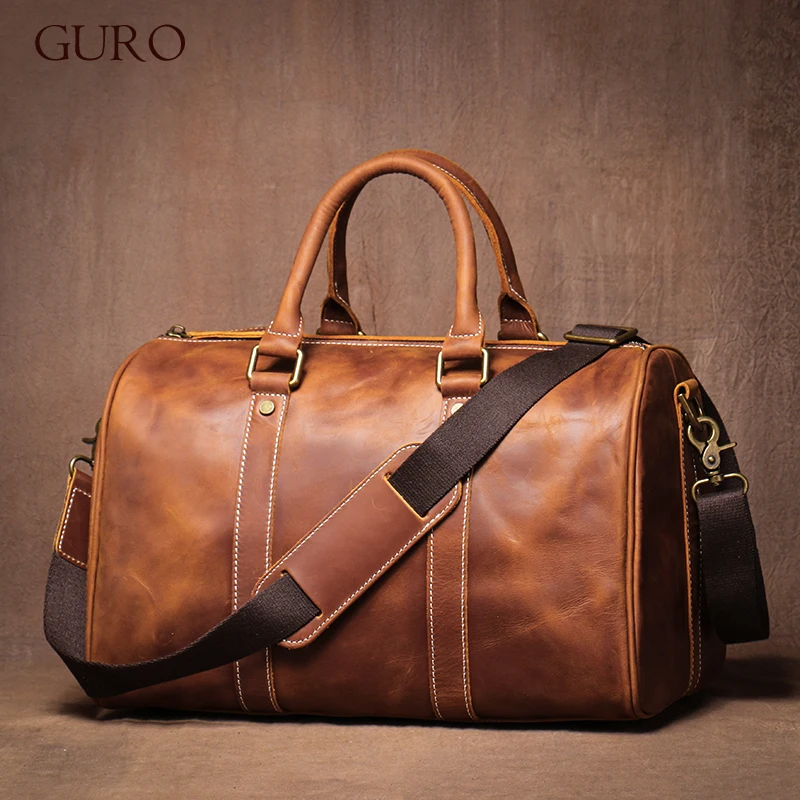 GURO Retro Higher Quality Cowhide Travel Bags  Men's Genuine Leather Handbag Women Luxury Weekend Fitness Bag Short Trip Luggage