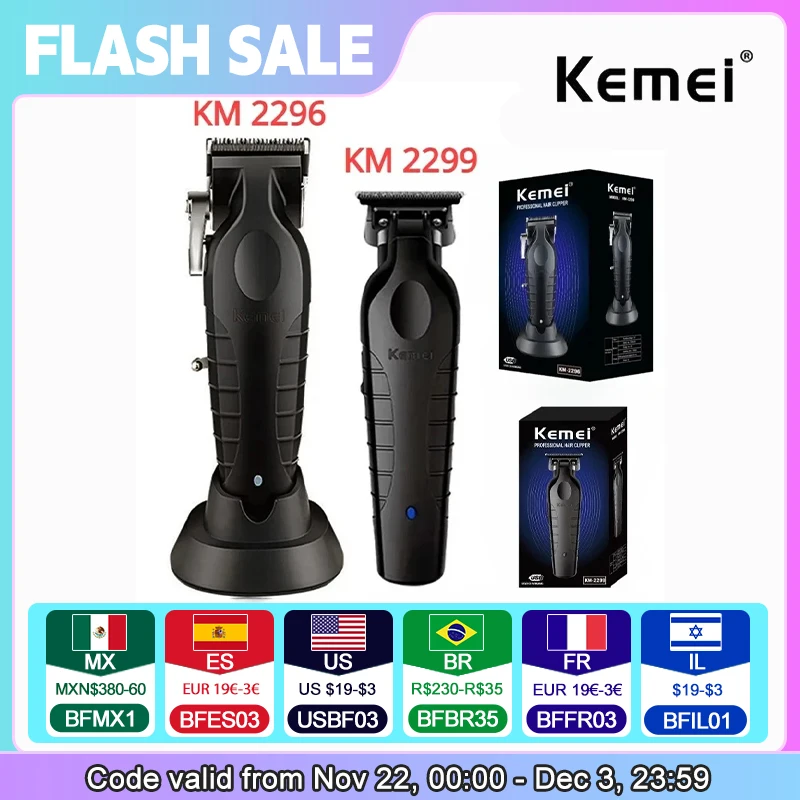 Kemei 2296 이발사 무선 헤어 트리머, 0mm 갭 제로 조각 클리퍼, 디테일러 전문 전기 마감 절단기 