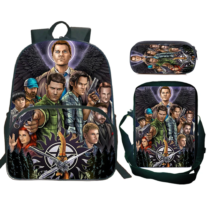 مجموعة من 3 قطع حقيبة ظهر للأطفال SPN خارقة للطبيعة مع حقائب كتف، مقلمة حقائب مدرسية خارقة للطبيعة للبنين والبنات أفضل هدية