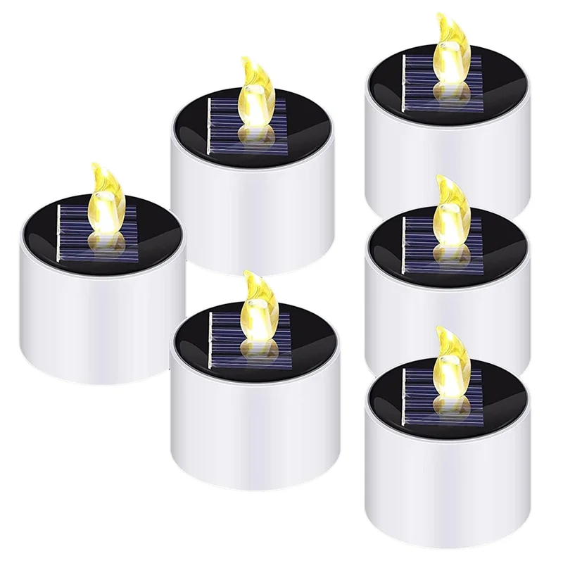 AT02-Paquete de 6 luces de té solares LED impermeables, velas parpadeantes sin llama para exteriores con sensor de luz