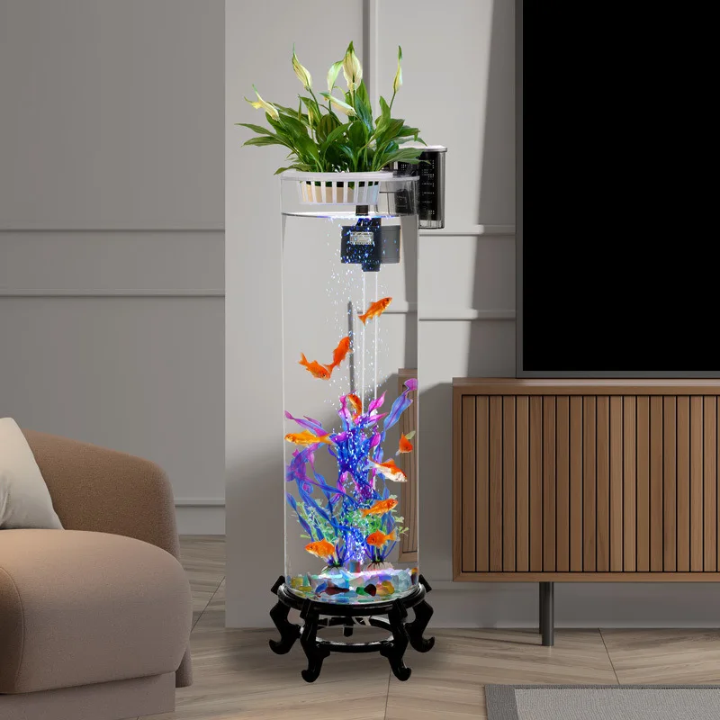 

New living room floor cylindrical large glass tank fish culture hydroponics integrated tank with light oxygenation base wholesal