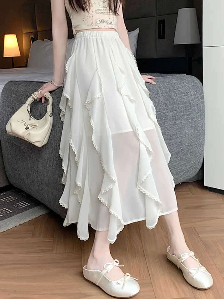 

Летняя женская юбка миди А-силуэта с асимметричным подолом и эластичной талией, с кружевной отделкой, в стиле феи, для повседневной носки, средней длины