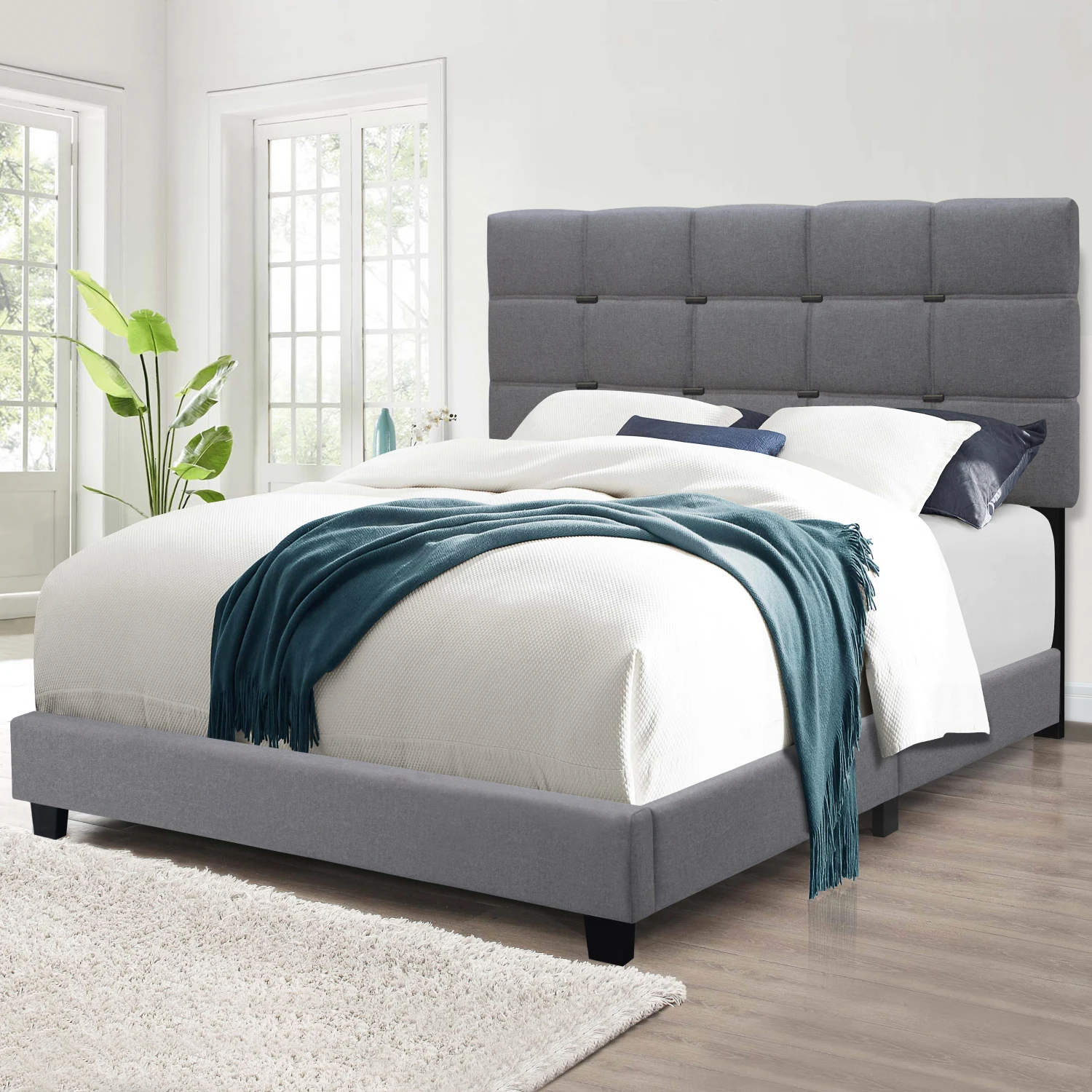 GRAY QUEEN SIZE ADJUSTABLE UPHOLSTERED BED FRAME STYLISH COLLECTION DURABLE AND DIRT-RESISTANT, NO NEED FOR BULKY INNERSPRING MA