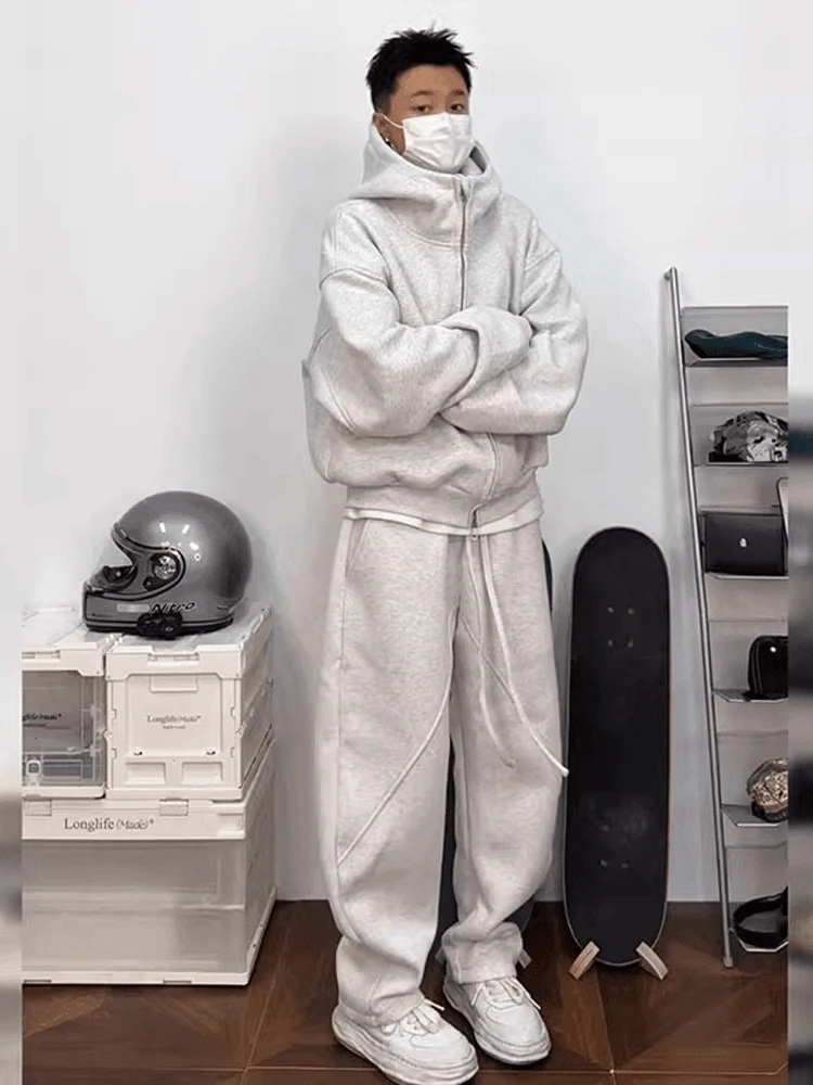 

Тяжелая толстовка с капюшоном, спортивный комплект для мужчин, осенний чистый фитнес, простой открытый кардиган, одинаковый комплект из двух предметов