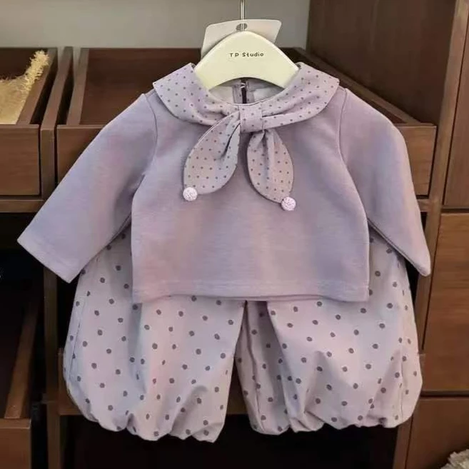 Girls Suit 2026 Autumn and Winter New Childrens Wear Korean Girl Baby Polka Dot Doll Collar Top Lantern Trousers Two-piece Set
