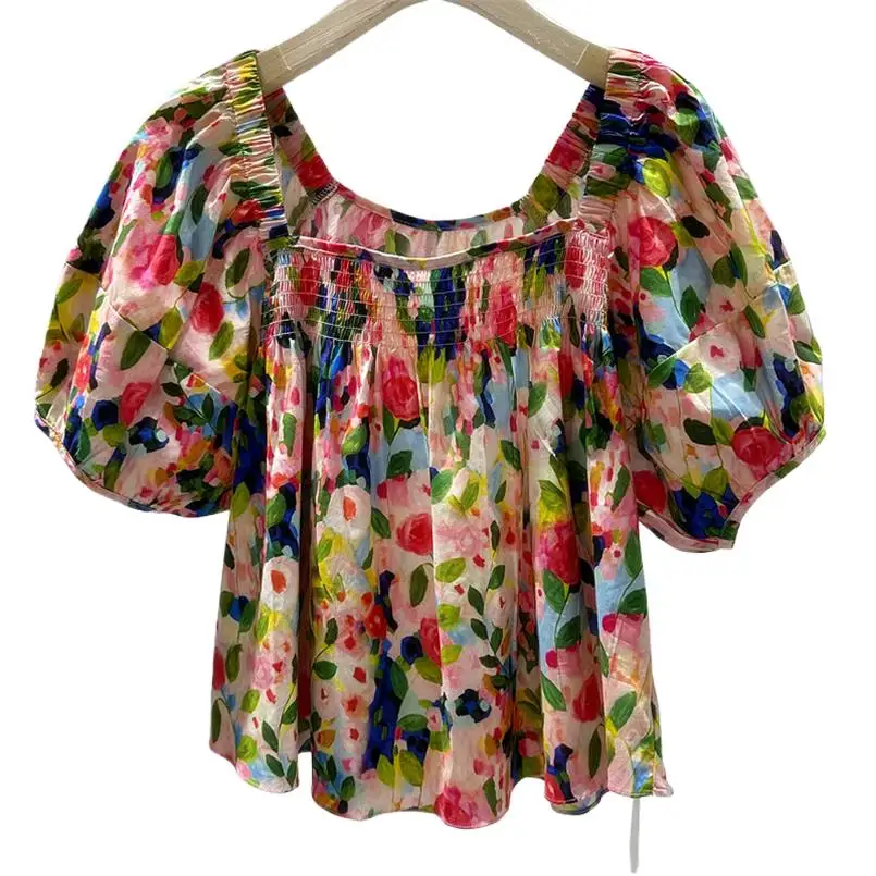 

Women Fashion Print Blouse 2024 Summer Vintage Harajuku Square Collar Half Puff Sleeves T-Shirts Female Elegant Sweet Chic Tops