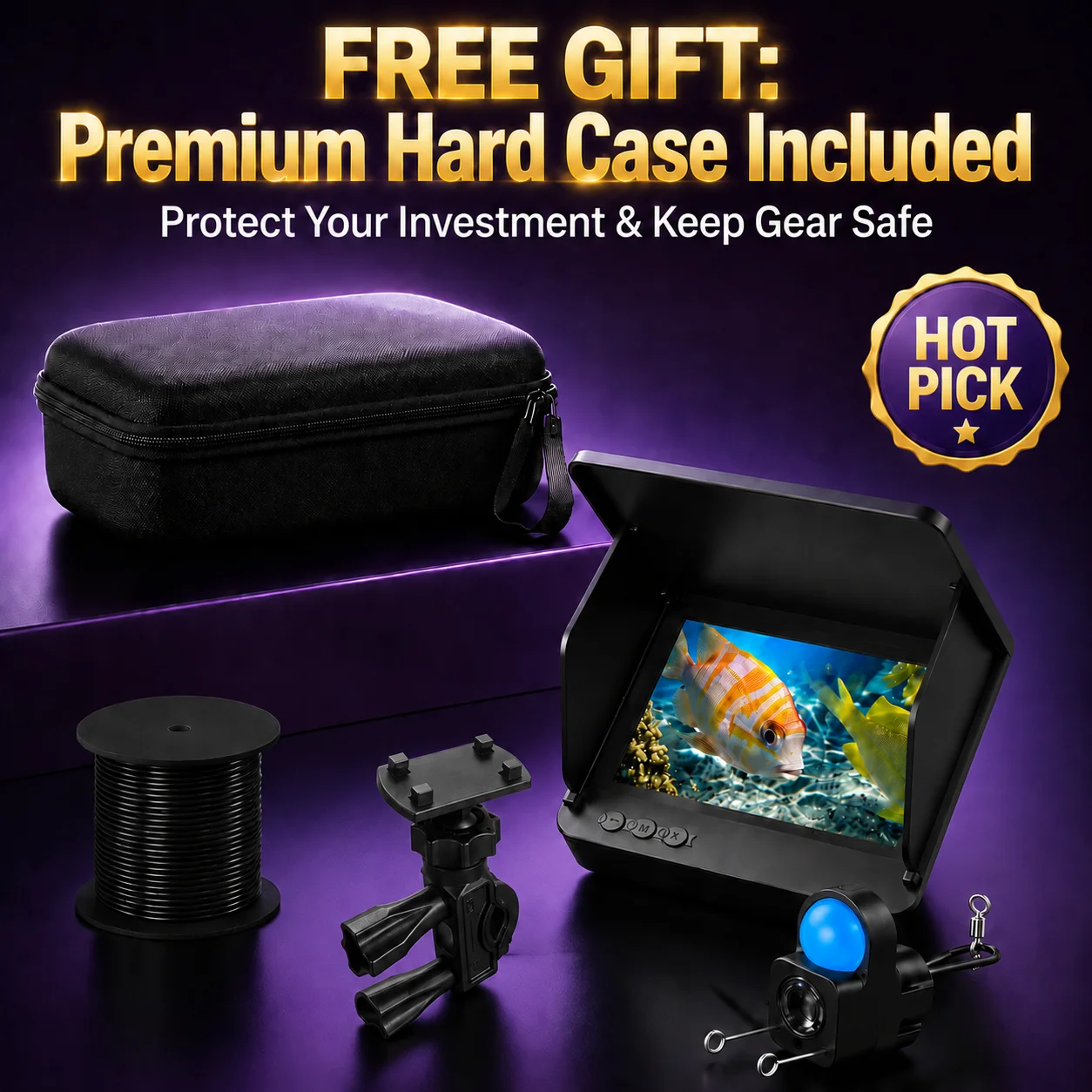 Underwater Fishing Camera 4.3" HD 1080P Monitor Fish Finder Night Vision Lights Portable Lake Boat Ice Fishing Carrying Case