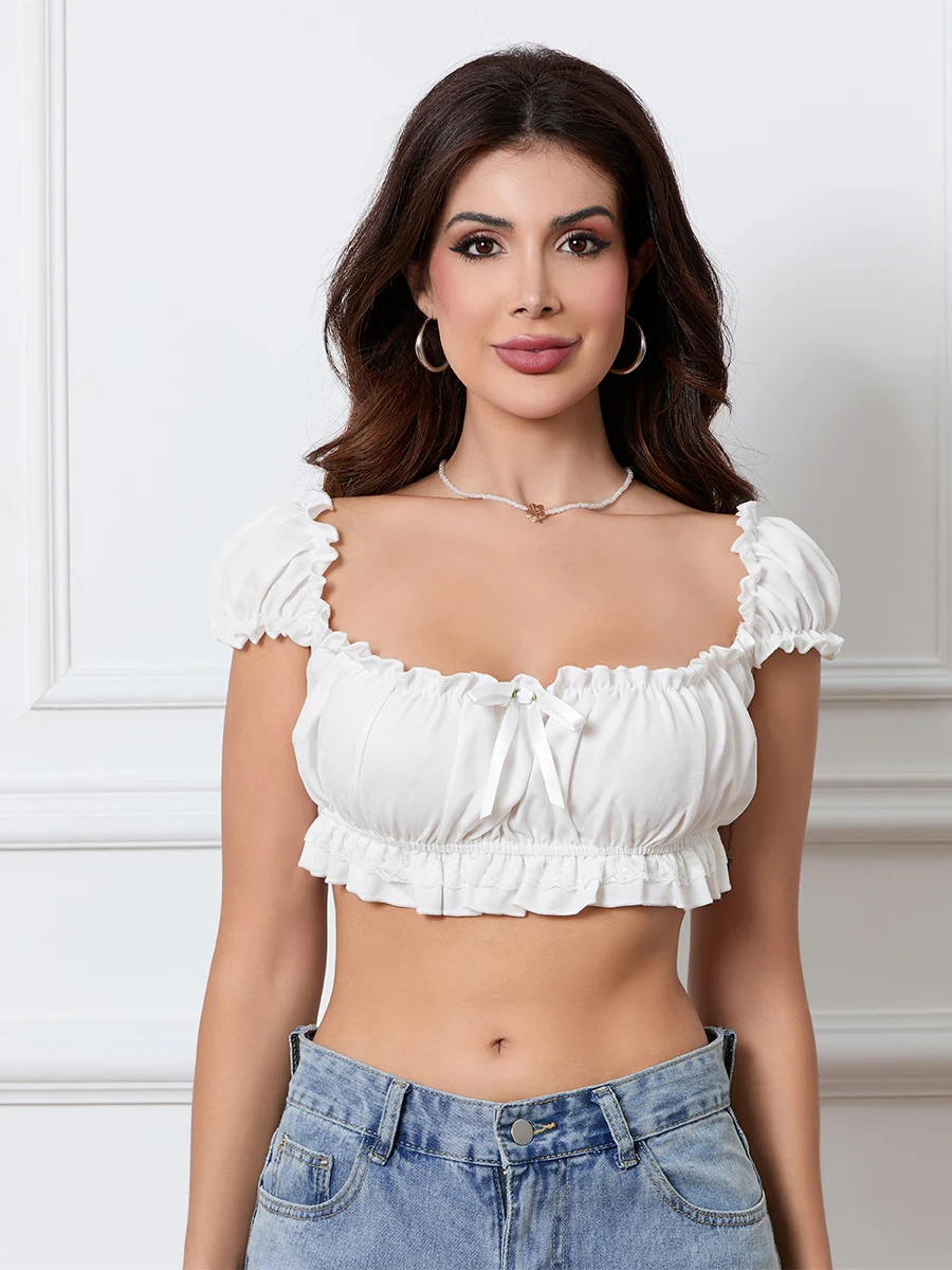 Frauen von der Schulter Tops Rüschen besatz 3d Bogen rücken frei Kurzarm Crop Shirt für Party Club