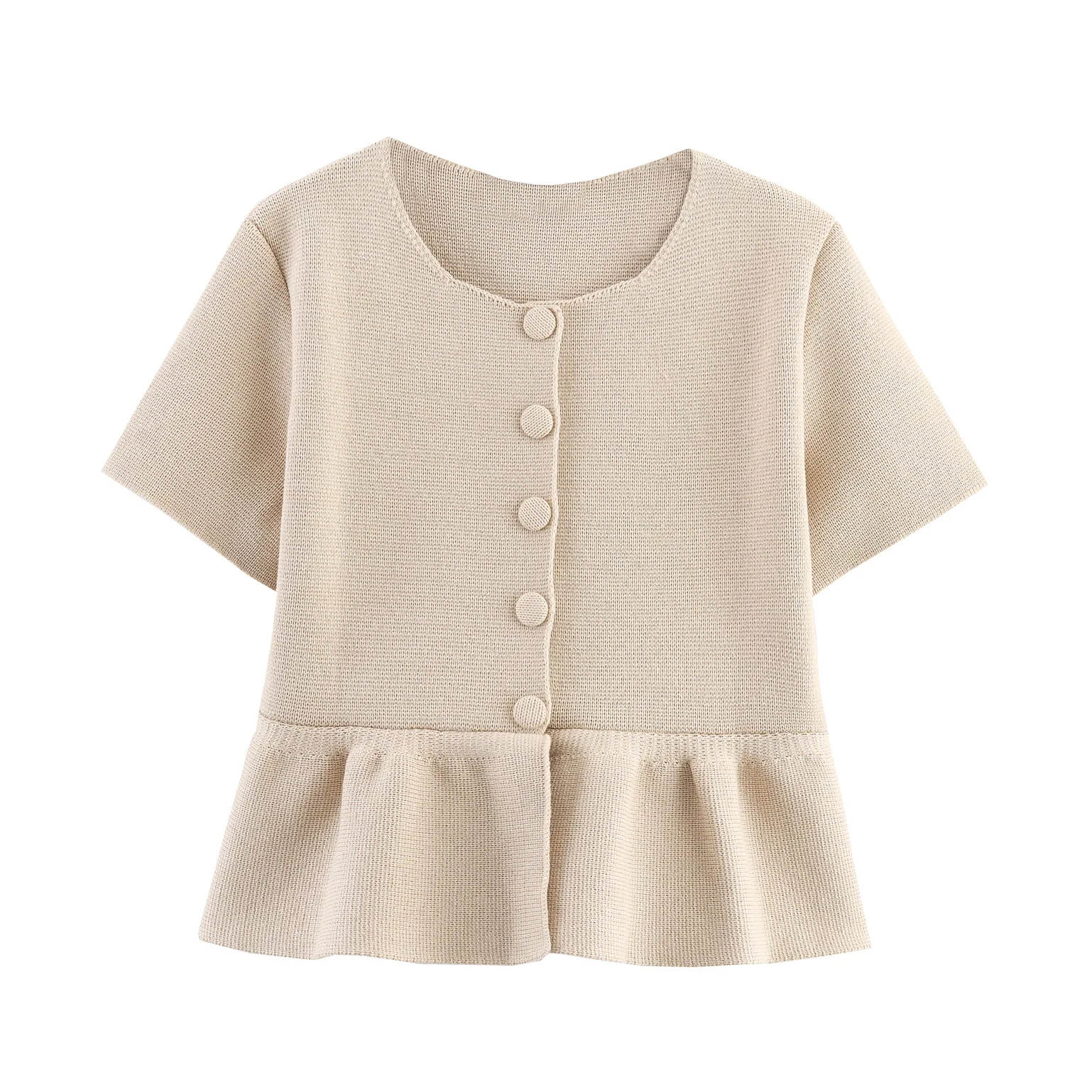 

женский вязаный кардиган с круглым вырезом и короткими рукавами, однобортная однотонная юбка с подолом, укороченное пальто, простой осенний новый топ