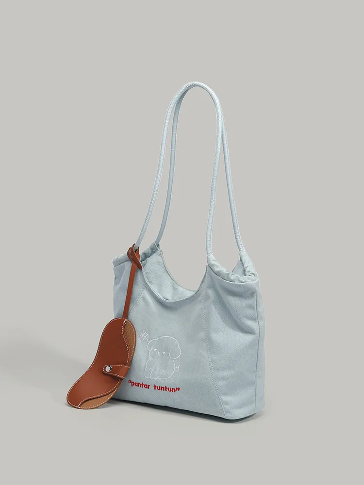 

YIFAN Korean Style Puppy Denim Canvas Bag, Female Niche Embroidered Letter Design, Large Capacity Tote Bag 2025