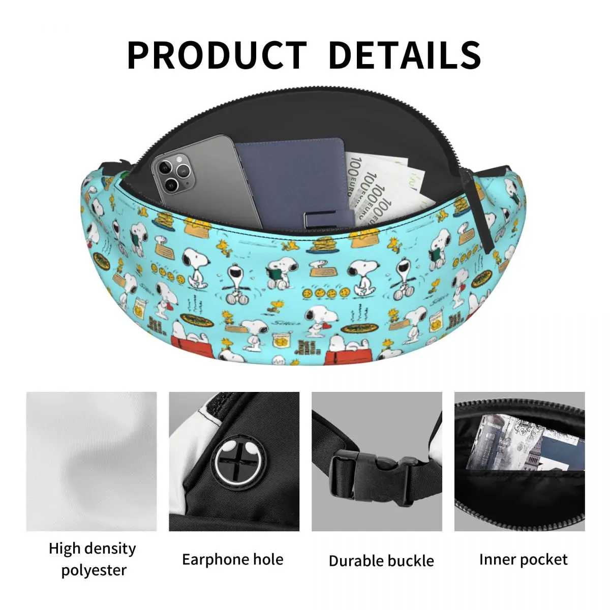 Custom S-Snoopys Woodstock Fanny Bag Charlie Brown Anime Crossbody Waist Pack Men Women Cycling Camping Phone Money Pouch