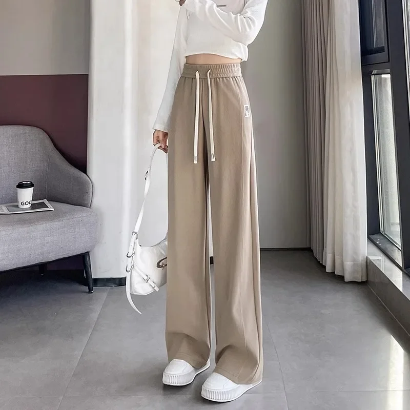 Spodnie damskie z szerokimi nogawkami, wysoki stan, luźny krój, wiosna, jesień, zima, nowy styl, zwiewne, proste, z paskiem 3D.