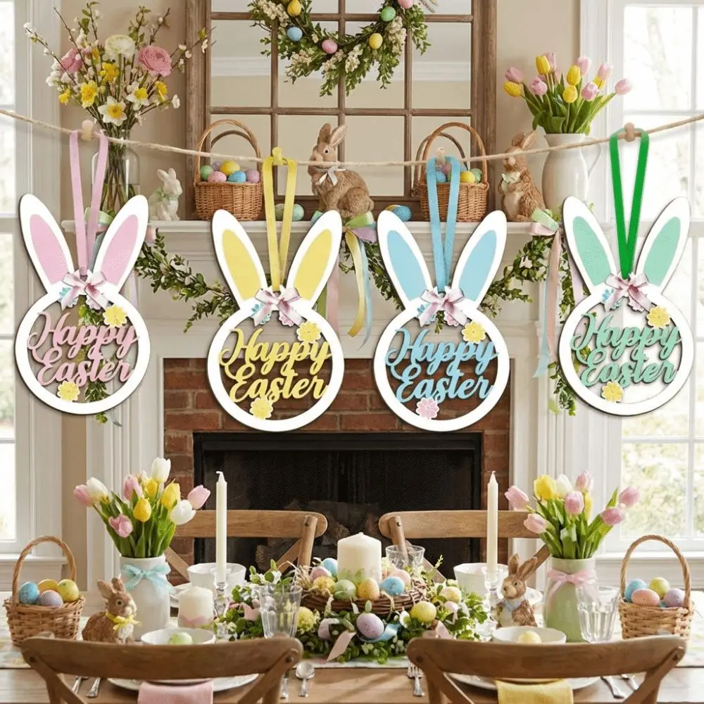 

Wooden Easter Bunny Pendant with Bows String Flat Hanging Flower Bunny Happy Easter Handcrafted Rabbit Hanging Ornaments