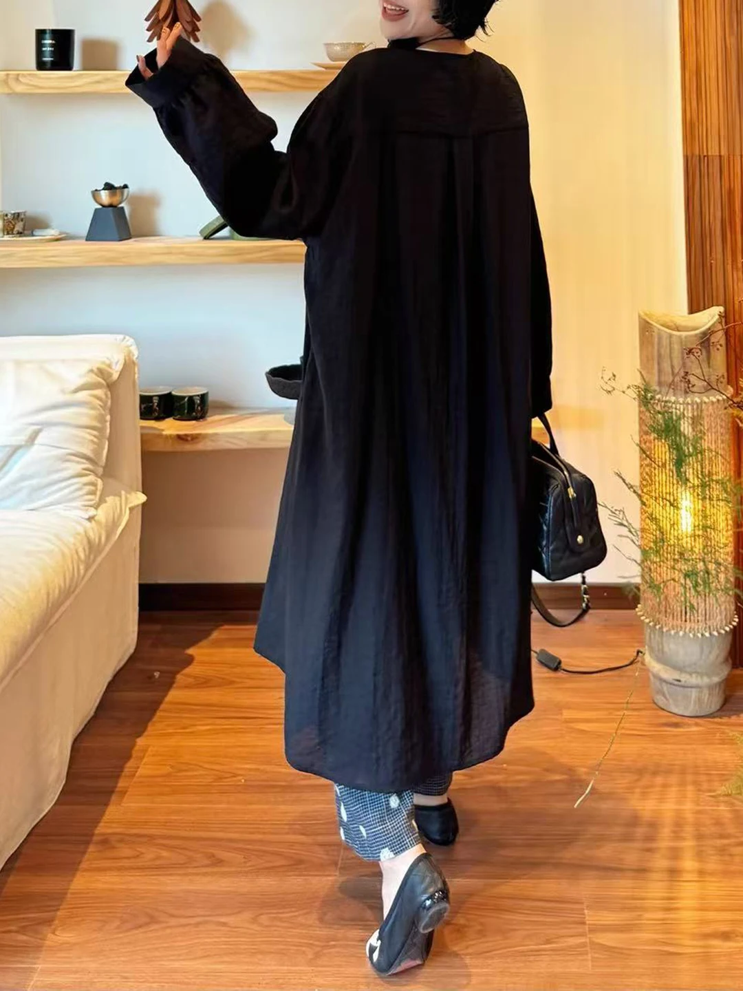 Ele Bla Long Sve irt Dr レディース ルーズ カジュアル スリミング 秋 アウター トップス ボタンアップ ミッドレングス ヴィンテージ スレ