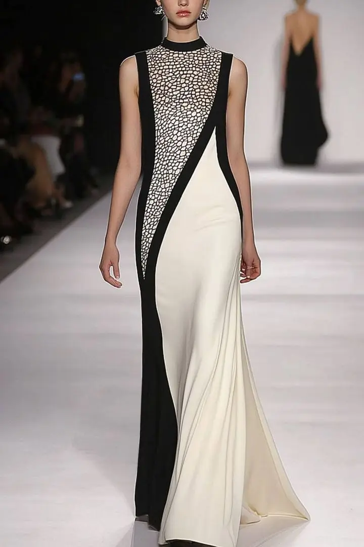Contrast Color A-lie Floor Length Evening Dress Women's High Collar Sleeveless Prom Gowns with Crystal Party Dress Customized