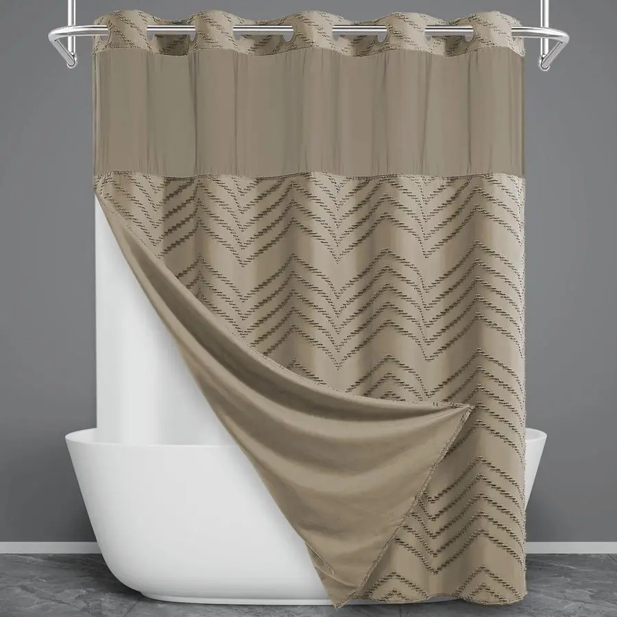 

Hook Shower Curtain with Snap in Liner, Tufted Chevron Striped Shower Curtain Set for Bathroom, Boho Waterproof and Washable Sho