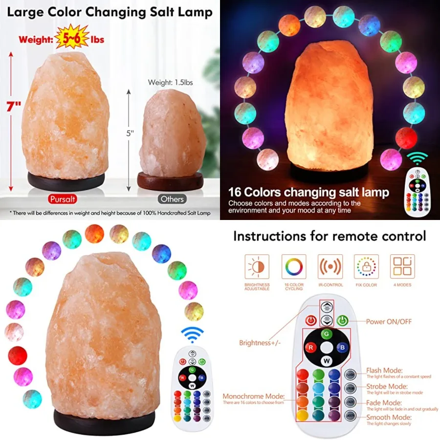 Himalayan Salt Lamp 7 Inches 5-6 Lbs with Upgraded Remote Control, Adjustable 16 Color Changing Salt Lamp Night Light, Natural