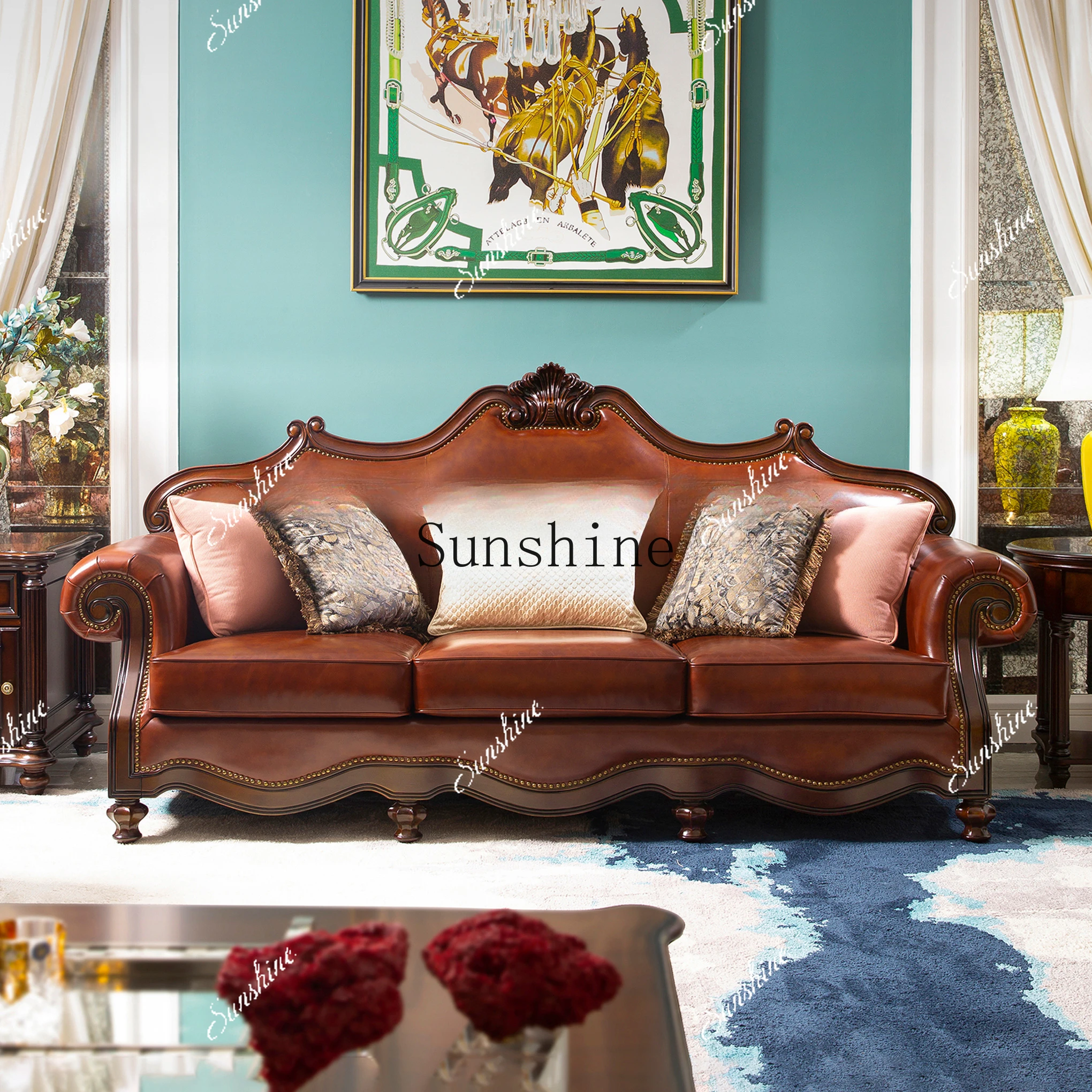 

High-end custom villa furniture European retro classic all-solid wood leather sofa EA7 FT