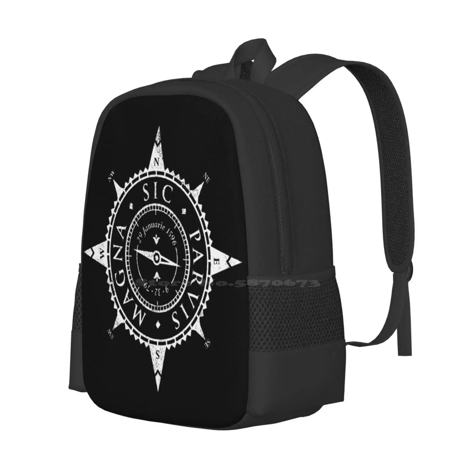 Uncharted Adventure ( White ) Backpack For Student School Laptop Travel Bag Uncharted Game Compass Sic Parvis Drakes Ring Latin