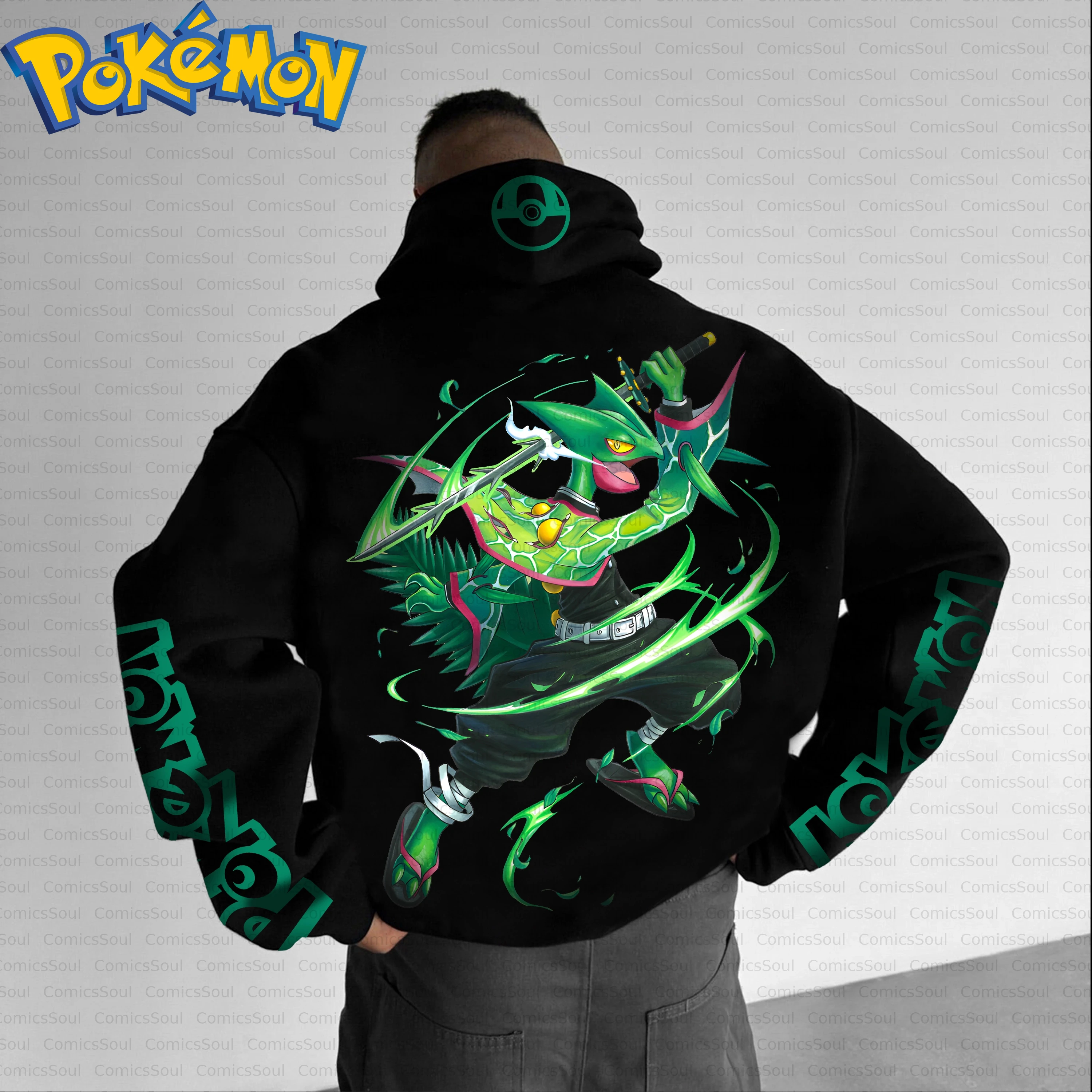 Novo conjunto de moletom com capuz Pokémon e calças Harajuku de algodão preto com efeitos de movimento com estampa traseira de personagem verde e design de logotipo no peito