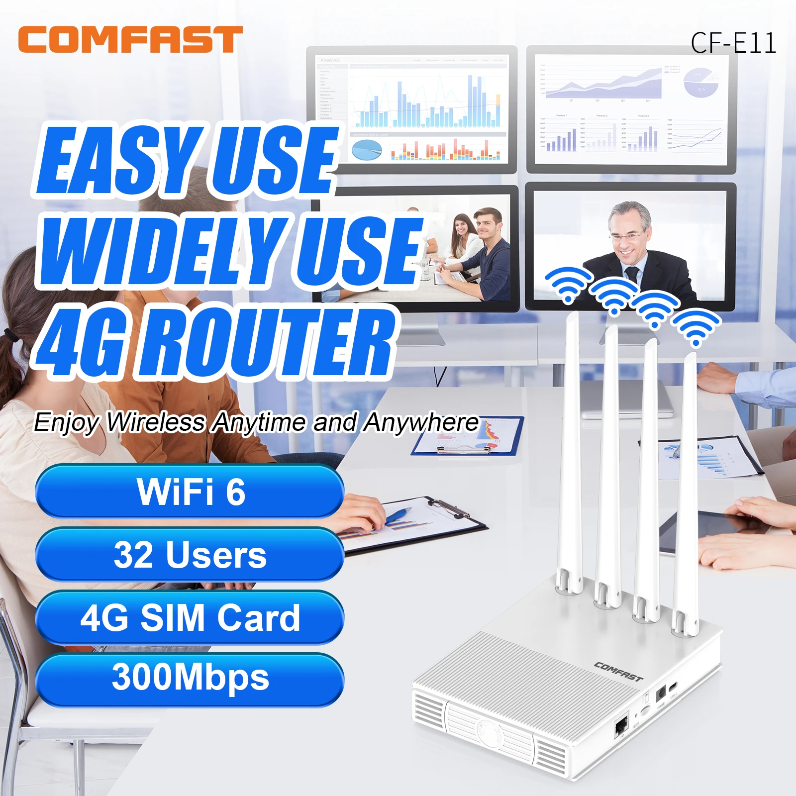 

comfast AX300 4G Lte Modem with SIM Card WiFi6 2.4G Outdoor Portable Internet wireless Router ASR1803S Chip 4 Antennas PlugPlay