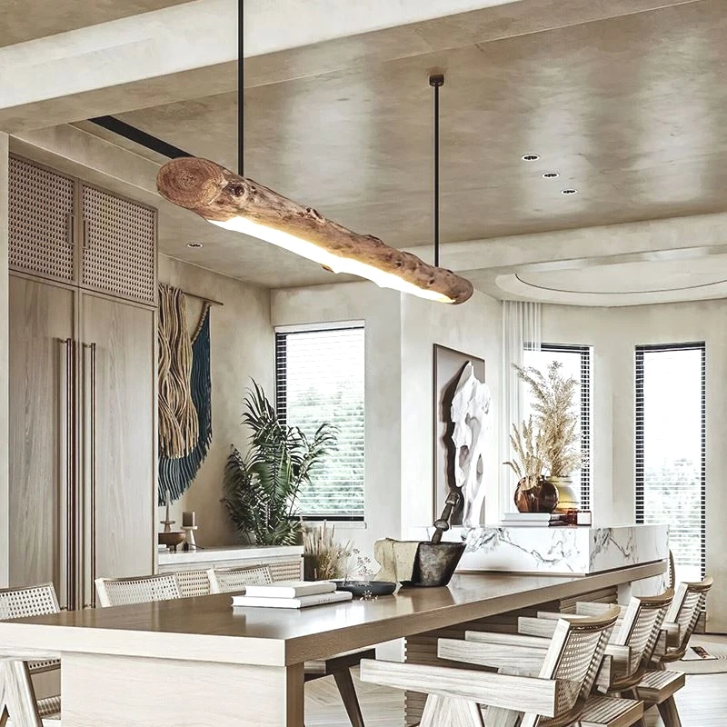 Japanese Retro Restaurant Wooden Long Pendant Light Dimmable Chandelier For Tea House Dining Room Kitchen Bar Decor Lamp Fixture