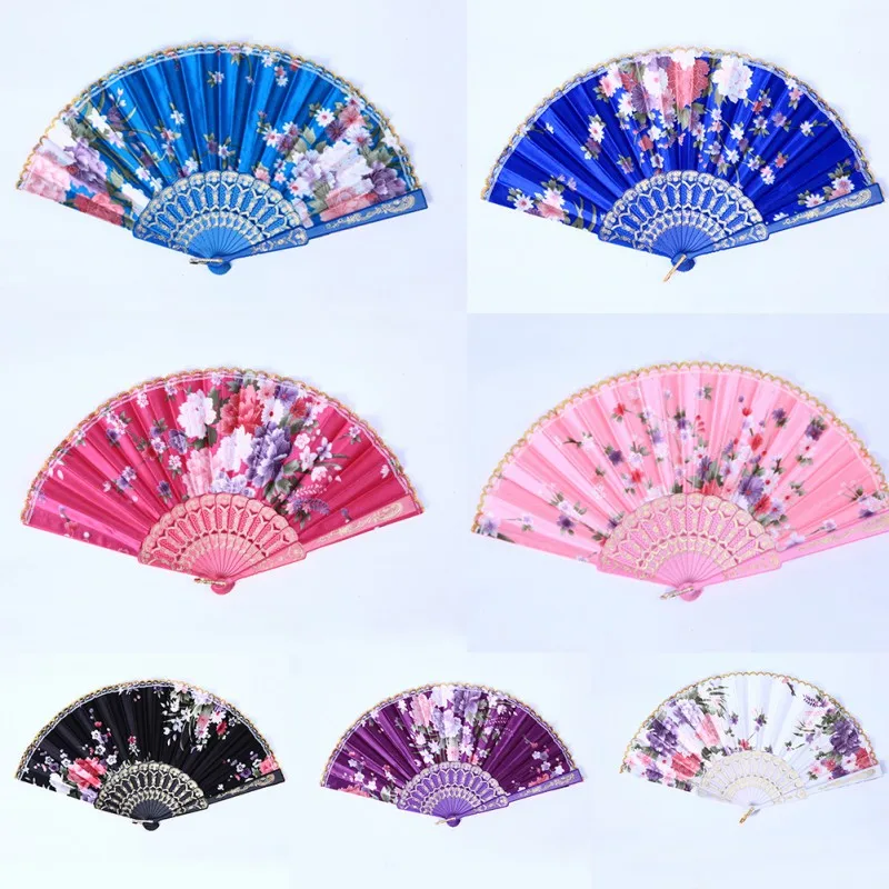 Vintage Silk Folding Fan Retro Chinese Flower Printed Plastic Folding Fan Dance Hand Fan Home Decoration Ornament Craft Gift