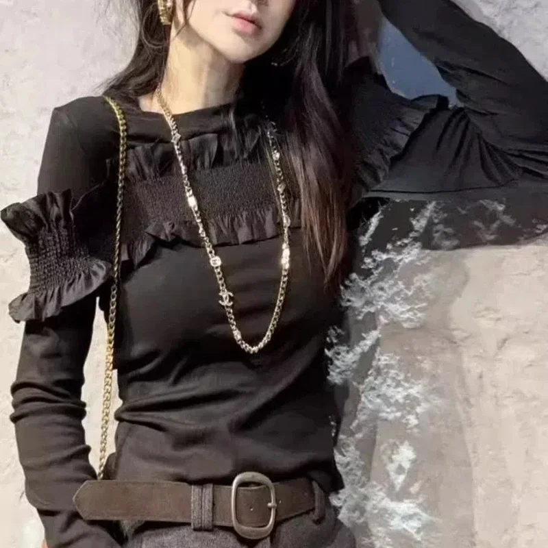 

European Style Fashion Splicing Ruffled Bottoming Shirt for Women Autumn and Winter New Slim Fit Round Neck T-shirt Trendy XQ501