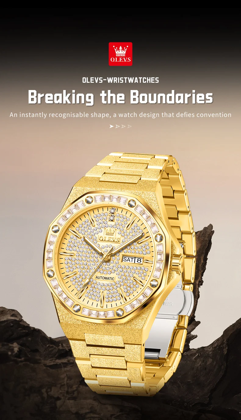 OLEVS 9803 Voll Diamantbesetzte Automatische Mechanische Uhren für Herren Luxus Edelstahl Wasserdicht Doppelkalender Business Herrenuhr – Detail 13