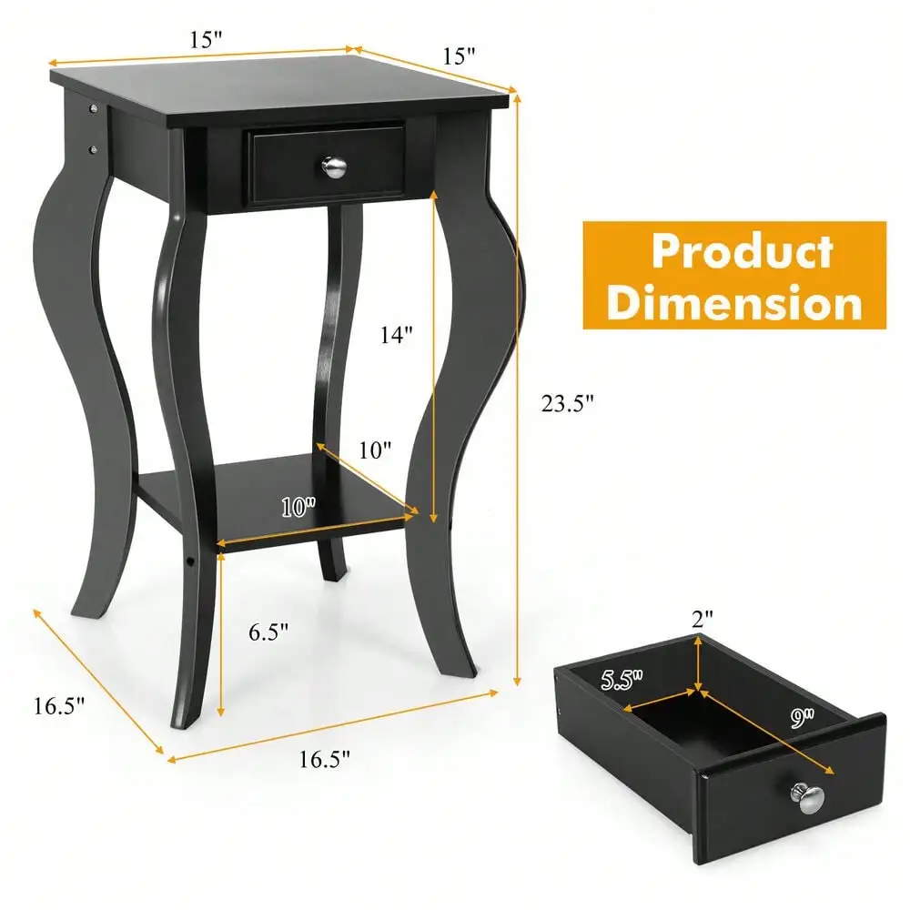 End Side Table w/ Drawer Bottom Shelf Accent Nightstand Bedroom