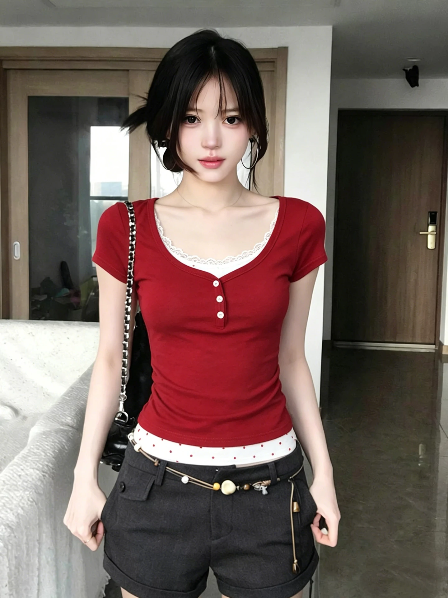 Korean Style Lace V-Neck Red Short Sleeve Slim Fit T-Shirt Women's Summer New Fashion Casual Top Soft Comfortable Breathable