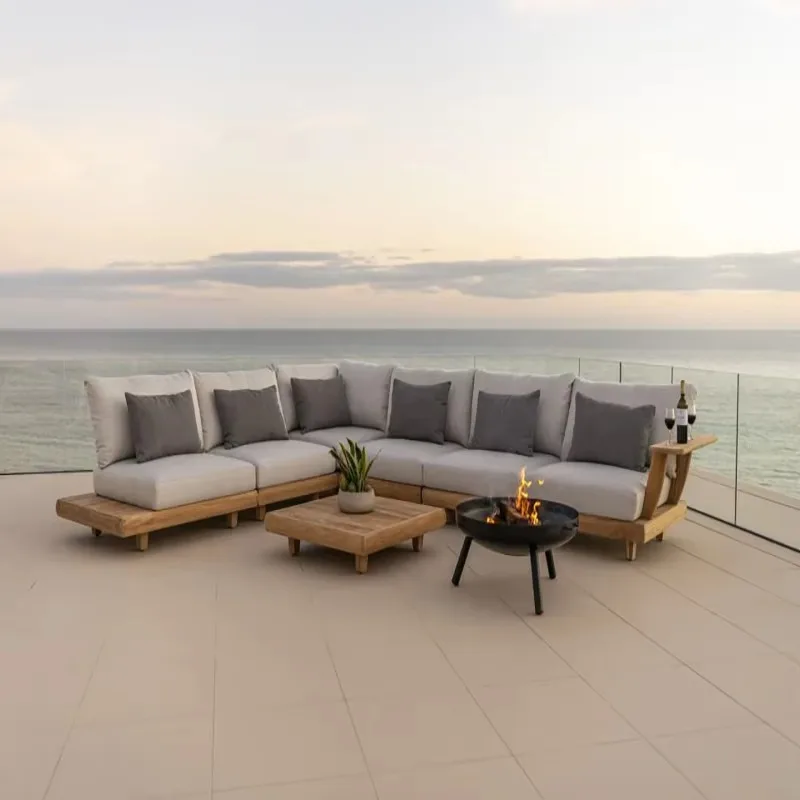 Outdoor Solid Teak Sofa Set, All‑Weather Waterproof Wooden Leisure Furniture for Patio Garden Balcony Hotel Villa Resort