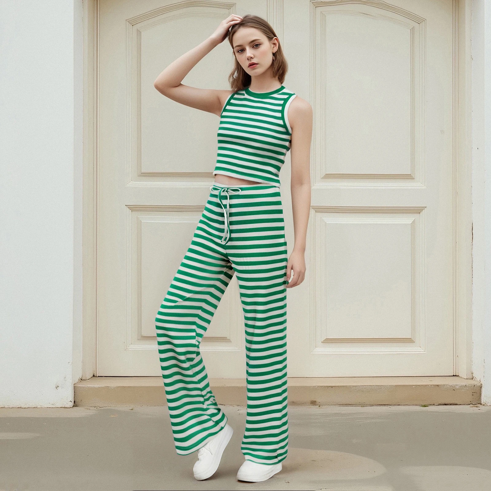 

Summer Women's Casual Striped 2 Piece Outfits Sleeveless Round Neck Crop Tank Tops Loose Drawstring Low Waist Pants Sets