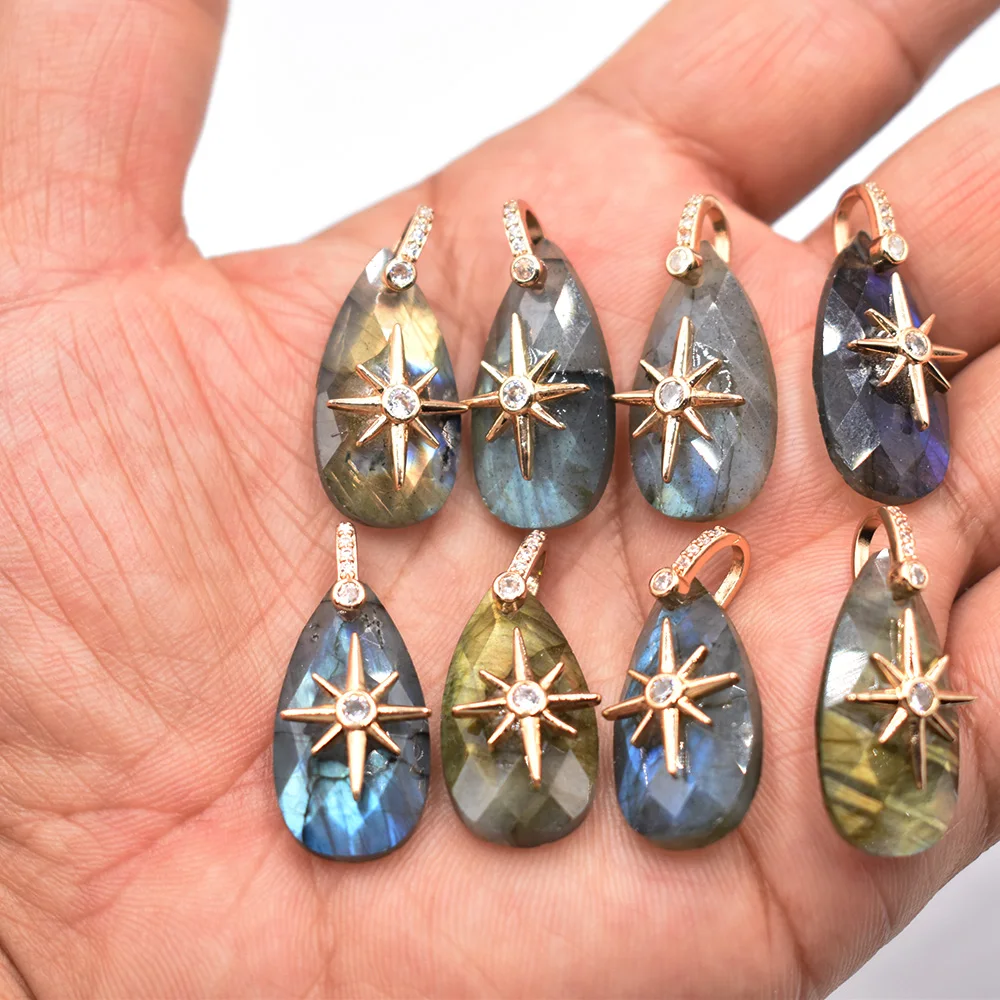 Großhandel 8 Stück/Set 14x25mm Wassertropfenform facettiert geschnitten Modische Natürliche Labradorit Starburst Halsketten-Anhänger Schmuck – Detail 18